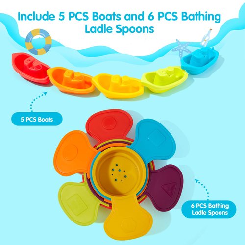 AMCHSURI Baby Bath Toys for Kids Ages 1-3, 11 PCS Mold Free Toddler Bath Toys for 2-4 Bathtub, Water Table, Pool Toys Stackable Boats and Spoons for Babies 6-12 Months Early Learning Educational Gift