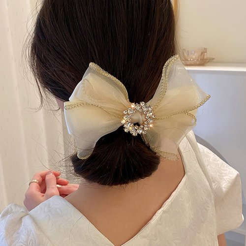 Wiwpar Bow Hair Clips for Women Gauze Bow Hair Clip Rhinestone Bow Barrettes for Women Girls (Ivory)