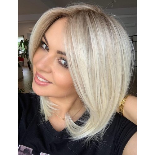 21AE Ombre Balayage Highlight Blonde Lace Front Wigs Human Hair with Dark Roots Pre plucked Frontal Dark Roots 12 Inch Silky Straight Platinum Blonde Bob Wigs for Women 150% Density Middle Parting