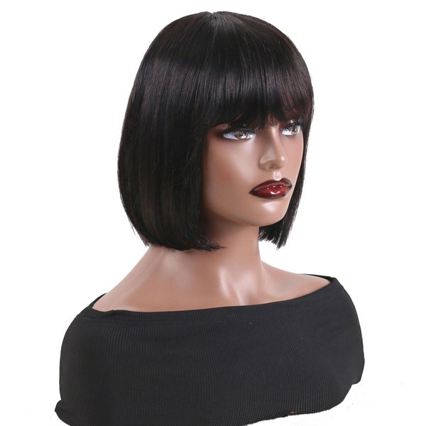ManeMajesty Short Straight Wigs with Bangs Human Hair Glueless Wig for Black Women 100% Brazilian Virgin Human Hair Bob with Bang Machine Made None Lace Front Wigs Natural Black 8 Inch