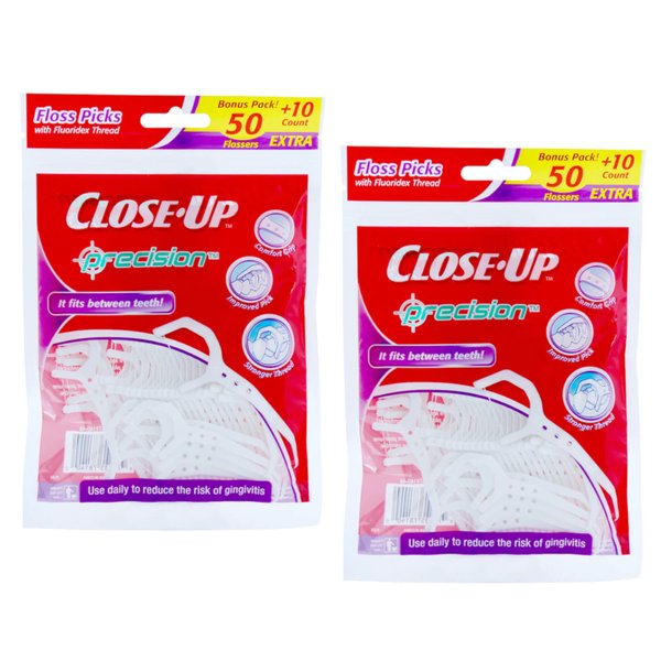 Close-Up Precision Floss Picks w/ Flouridex Thread, 60 Count, Pack of 2 (120 Flossers) by Close-Up