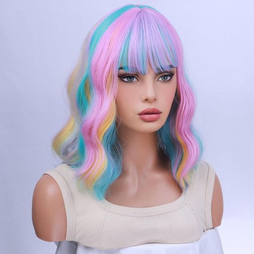 WTHCOS Multi Color Wig Short Curly Bob Wavy Wig with Bangs for Women Girls Rainbow Wig Short Colorful Hair Wigs Heat Resistant Synthetic Wig for Cosplay Costume Party with Wig Cap