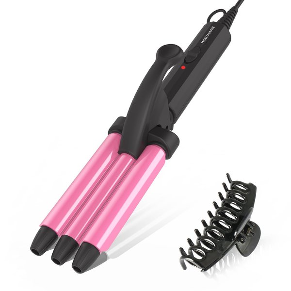 Mini Waver Curling Iron, Wizchark 3 Barrel Curling Iron 1/2 Inch, Small Hair Crimper for Women, Travel Hair Waver with Ceramic Tourmaline, Dual Voltage Crimper Hair Iron for Beach Waves, Pink