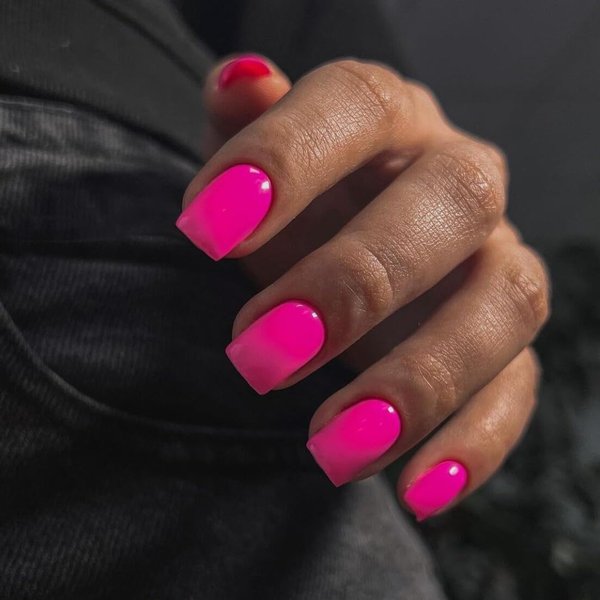 Hot Pink Press On Nails Short Square,KQueenest Glue on Nails,Short Fake Nails Kit Acrylic Pure Glossy Color Gel Stick on Nails Set Natural Fingernails Manicure for Women Girls in 24PCS