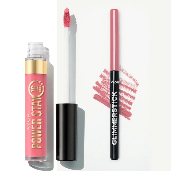 AVON Power Stay Liquid Lip Colour 16 HOURS and Glimmerstick Lip Liner SET! (Persistent Pink-Pink Cashmere)