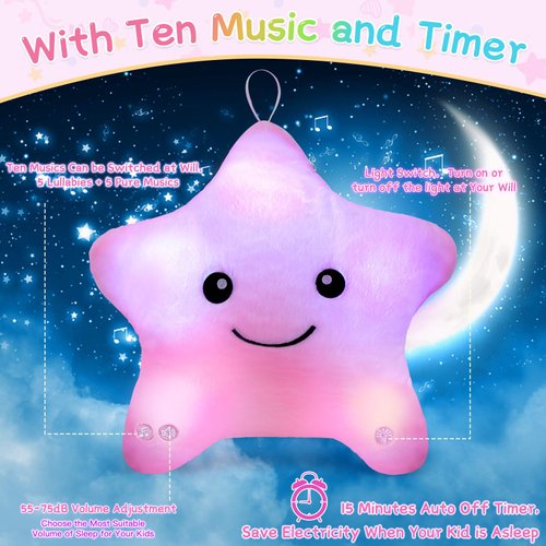 Subao Sensory Toys for Kids,14" Toddler Pillow with Light & Music,Twinkle Plush Star Night Light Cushion Autism Sensory Toys for Toddlers Age 3 4 5 6 7 8 9 10,Birthday Xmas Gifts for Boys Girls Pink