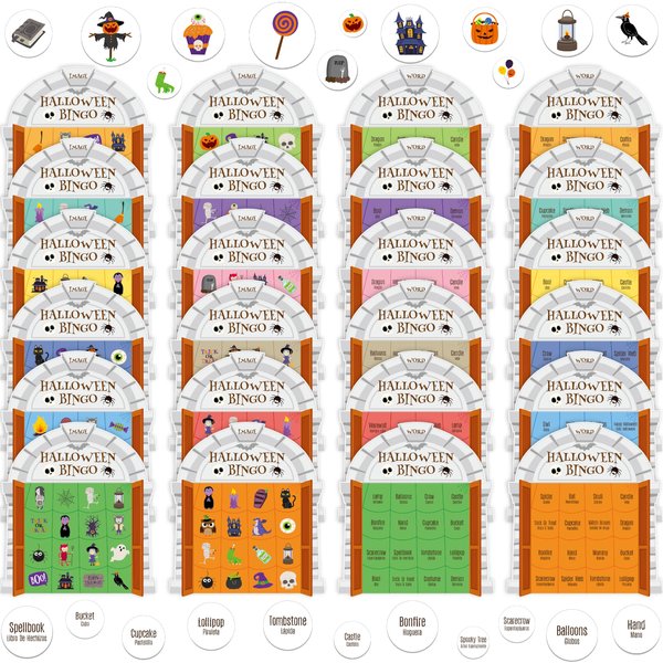 Halloween Bingo Game, 12PCS Bilingual English and Spanish Bingo Board Game, 12 Players Bingo Game Set for Teenager or Adults Halloween Party, Fun Interesting Activity Party Supplies