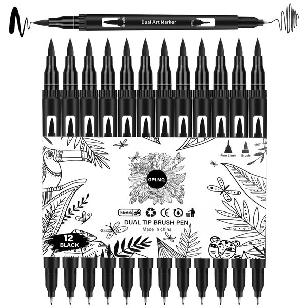 GPLMQ Black Drawing Pens, 12 Pack Felt Tip Markers for Adults and Kids, Dual Brush Fineliners Pens for Art Drawing Sketching Calligraphy