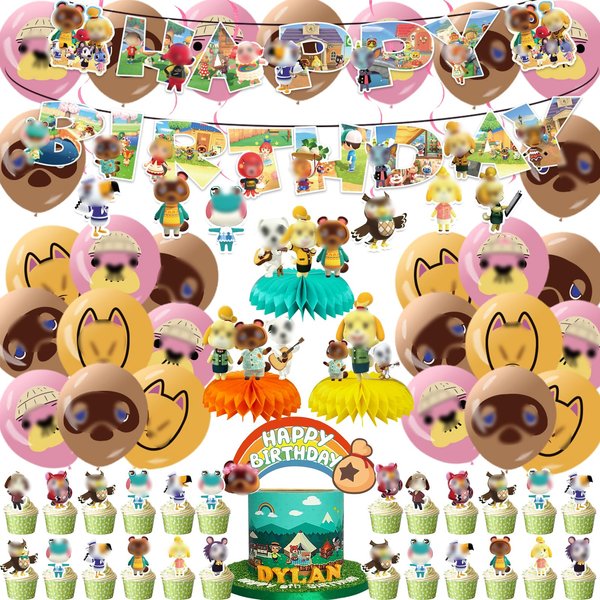 59Pcs Animal Birthday Party Supplies Include Birthday Banner, Cupcake Toppers, Cake Topper, Balloons, Honeycombs and Hanging Swirls for Birthday Party