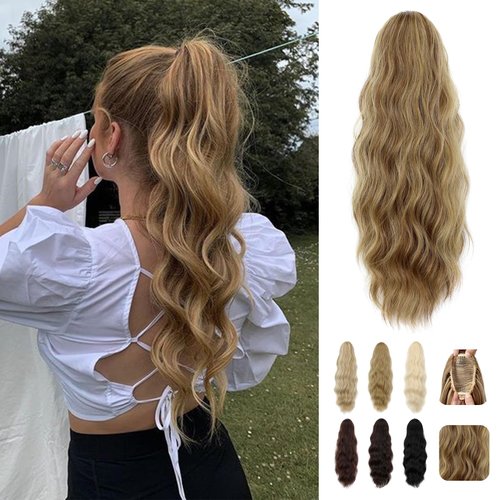 Wodelanle Ponytail Extension, 20 Inch Drawstring Ponytail Extension Long Blonde Brown Wavy Pony Tails Hair Extensions Synthetic Clip in Fake Ponytail Hairpiece for Women(Brown Mix Blonde)