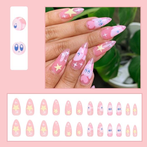 24 Pcs Pink Press on Nails Almond Medium Kawaii Cute Fake Nails Press ons Fashion Nail Tips Full Cover False Nails with Designs Stick on Nails Glue on Nails Acrylic Nail Kit Art for Women Manicure