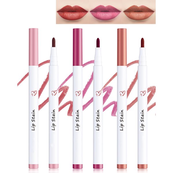 Lip Stain Marker Pen-3Pcs Hydrating Lip Tint Stain Lip Liner Tattoo Pencil,Matte Color Look,Longlasting Waterproof Non-stick Lipstain Lipgloss,Precise Chisel Tip Smooth,Makeup Set for Women-02+04+05