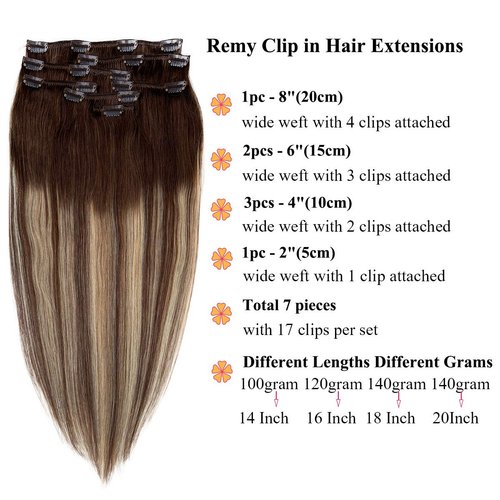 Human Hair Extensions Ubetta Clip in Hair Brown to Chocolate Brown with Honey Blonde Highlights Remy Clip in Hair Extensions for Women 7 pcs Double Weft Clip in Real Hair Extensions 16 Inch 120 Gram
