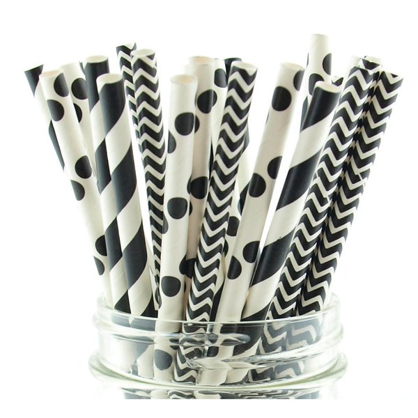 Black Wedding Straws Combo Pack, Bubble Tea Straws, Long Drinking Straws, Retro Graduation Paper Straws (75 Pack) - Black Striped, Polka Dot & Zig Zag Party Straws