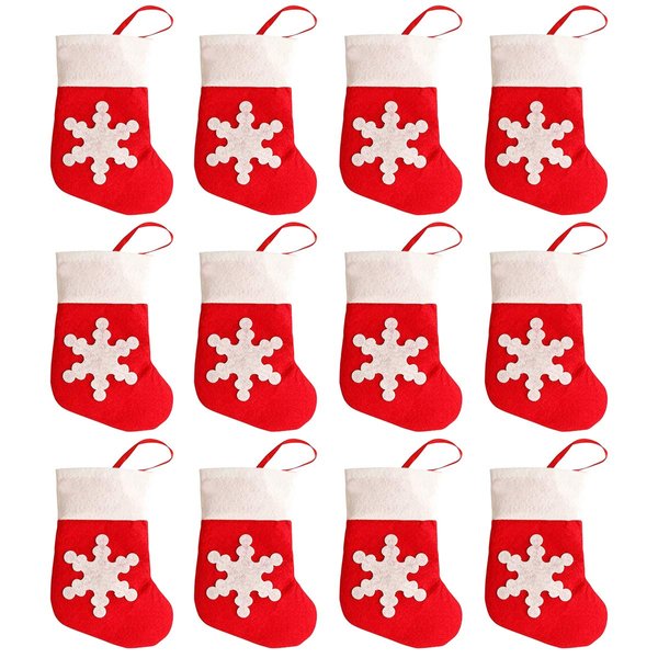 San Tokra 12Pcs Christmas Socks Decoration Snowflake Tableware Holders, Candy Pouch Bag Knife Spoon Fork Bag Mini Christmas Stockings for Xmas Decorations Dinner Table Ornaments