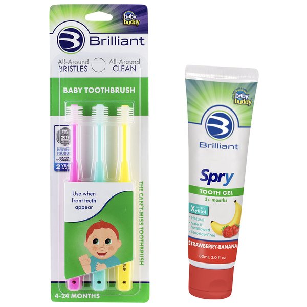 Brilliant Bundle Includes Baby Toothbrush 3 Pack 3 Color - Pink-Mint-Yellow and Spry Tooth Gel with Xylitol, Strawberry Banana Flavor, Fluoride Free Toothpaste Safe for Babies, Toddlers, and Kids