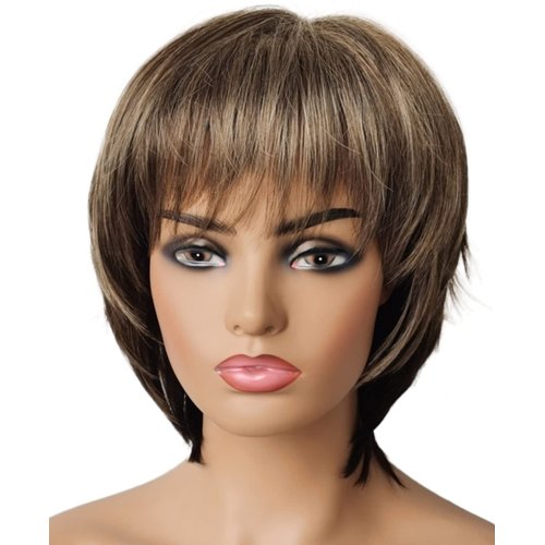 Nicetobuy Umeet Short Straight Wigs with Bangs Blonde mixed Dark Brown Fashion Style Synthetic Fiber Wigs for Women