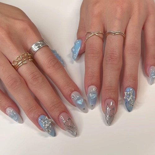 Hkanlre Medium Almond Press on Nails Blue Heart Fake Cute Nails Tips Full Cover False Bling Nails for Women and Girls 24PCS