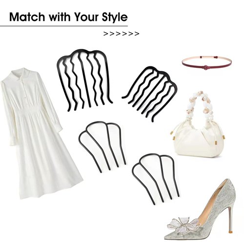 BAINESS 4 Piece Hair Fork Clip Metal Hair Side Combs U Shape Teeth Alloy Hair Clip Hair Pin Stick for Updo Bun Women Hair Styling Tool Accessories, Black