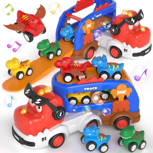 usrela 5 in 1 Dinosaur Truck Toys for Kids, Dinosaur Truck Toys with 4 Pull Back Cars, Boys Toys Age 2 3, Birthday Gifts Toys for 1 2 3 +Year Old Boy, Dinosaur Car Carrier Truck with Music & Light