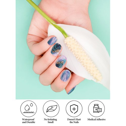 Kalolary Marble Gel Nail Strips, Blue Marble Full Wrap Gel Nail Polish Stickers, Brighter and Long Lasting Salon Quality, Nail File & Wood Stick(UV/LED Lamp Required）