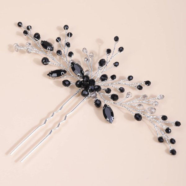 Xerling Brides Wedding Rhinestones Hair Pin Black Crystals Hair Piece for Flower Girls Bridal Hair Accessories (Black)
