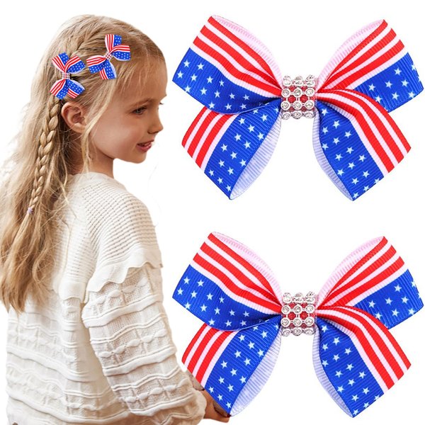 4th Of July Hair Bow Clips America Flag Girl Bow Clip Independence Day Bow Alligator Clips Diamond BowHairpins Patriotic Parade Clothing Hair Decoration for Women And Girls
