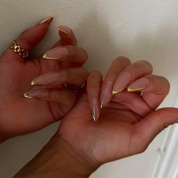 French Tips Press on Nails with Stiletto Designs Nude Sparkly Full Cover Acrylic Nails Glossy Gold Glitter Fake Nails Medium Almond Shape False Nails X Glue Stick on Artificial Fingernails for Women