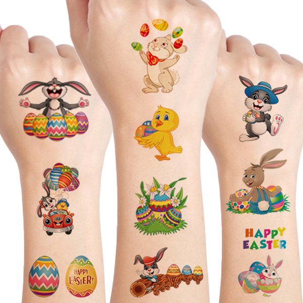 UVUXO Easter Temporary Tattoos for kids - 10 Sheets Easter egg and Rabbit Chick Temporary for Girls Boys Easter Birthday Party Supplies Gifts for Kids
