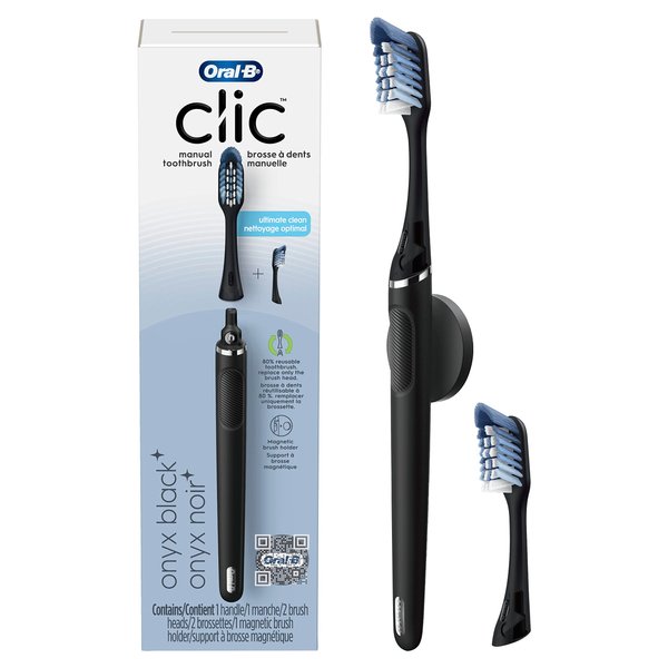 Oral-B Clic Toothbrush, Matte Black, with 1 Bonus Replacement Brush Head and Magnetic Toothbrush Holder