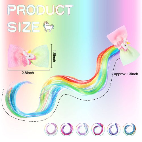 12 Pieces Unicorn Hair Clips Princess Curly Hair Extensions Unicorn Hair Accessories for Girls Rainbow Bows Extensions for Kids Halloween Cosplay Dress Hair Decoration, 6 Colors