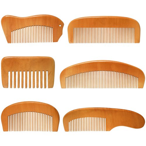 6 Pieces Handmade Wooden Comb Wood Hair Comb Wooden Beard Comb Natural Green Sandalwood Wide and Fine Teeth Comb Set with Anti Static and No Snag Handmade Brush for Kids, Women and Men (Cute Style)