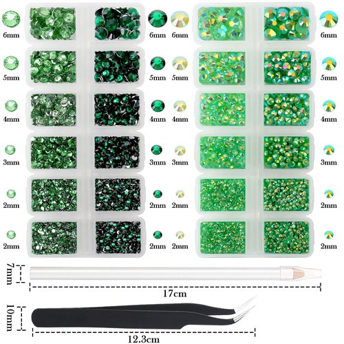 AUREHEN 15000PCs 2-6MM Green Series Resin Flat Back Rhinestones, Round Non Hotfix Jelly & Silver Bottom Resin Rhinestones Nail Gems Stones with Tweezer & Picker Pen for Nail Art Tumblers & DIY Crafts