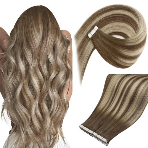 Ve Sunny 22inch Tape in Hair Extensions Human Hair Brown Ombre Tape on Human Hair Extensions Balayage Medium Brown Ombre Platinum Blonde and Brown Hair Extensions Tape in 50g 20pcs