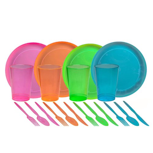 Tiger Chef 40-Piece Neon Assorted Glow Party Supplies Includes Neon Assorted Colors Hard Plastic Plates, Cups and Cutlery in Neon Pink, Blue, Green and Orange (Service for 8)