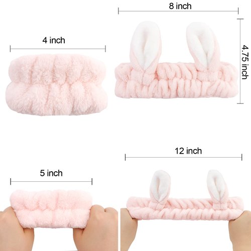 YISSION 6Pcs Face Wash Headbands and Wristbands Set Bunny Ears Headbands Spa Headband Makeup Headband Skincare Headbands with Wristbands for Women Girls Washing Face(Pink White)