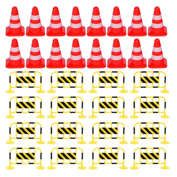 NUOBESTY Toys Traffic Cones Party Mini Traffic Road Cones Plastic Construction Road Cones Mini Roadblock Signs Road Sign Cones and Fences Playset, 32 Pieces Construction Toys Athletic Tape