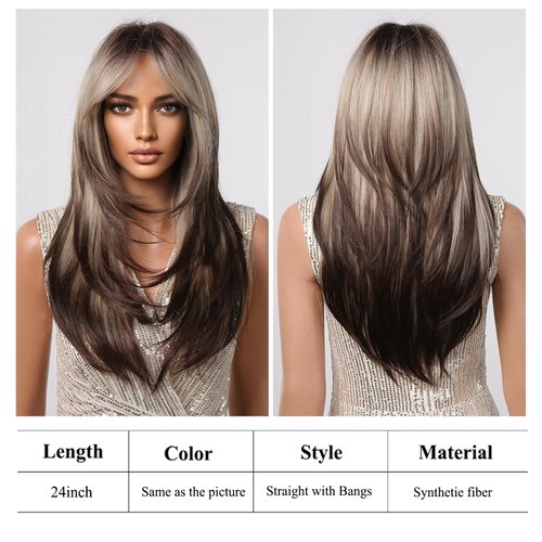 testar Blonde Brown Wigs With Curtain Bangs,Long Straight Wigs For Women Cosplay Wig Natural Looking Synthetic Layered Wigs For Daily Use 24IN