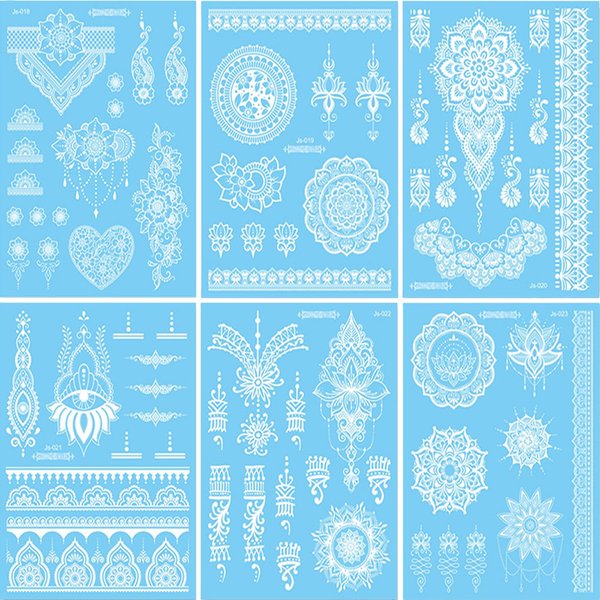 White Henna Temporary Tattoo Flowers Lace Fake Tattoos for Adults Kids Body Arm Makeup Waterproof Tattoo Sticker Wedding Tattoo Stickers Kit Party Supplies for Diwali Festival 6Sheets (white)