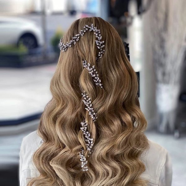 TRiXY Wedding Bridal Crystal Long Hair Vines Head Piece,Wedding Piece Accessories Headband Jewelry ,Beaded Bohemian Headpiece (Long Golden-100cm / 39.37 Inches) HP394
