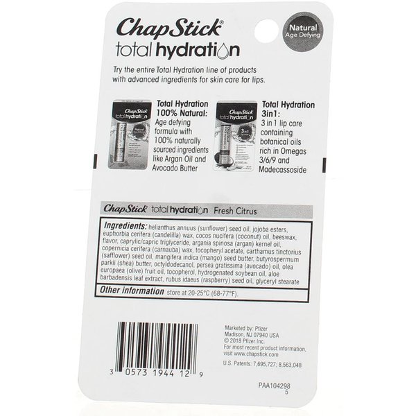 ChapStick Total Hydration Lip Care Balm, Fresh Citrus 0.12 oz ( Pack of 3)