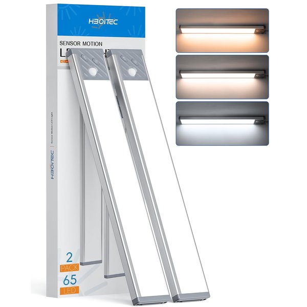 HIBOITEC Under Cabinet Lighting Rechargeable Battery Operated Motion Sensor Closet Light, 65 LED Wireless Dimmable Magnetic lights, 3 Color Temps Under Counter light for Kitchen, Pantry, Stair, 2 Pack
