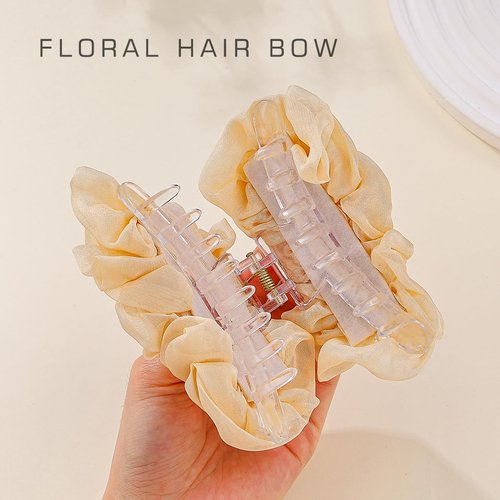 Yovic Bow Hair Claw Clips Flower Hair Clips Chiffon Pleated Hair Bows Hair Clamps Thick Thin Hair Jaw Clips Floral Hair Accessories for Women 1PCS (Champagne)