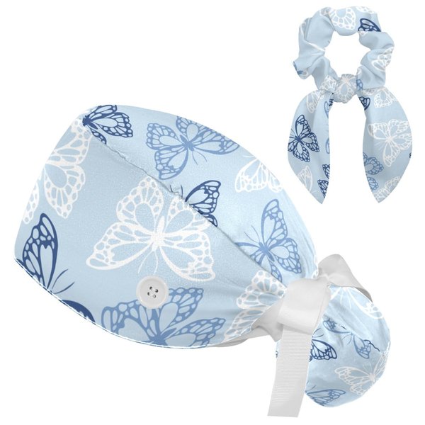 Niaocpwy Seamless Colored Butterflies Blue Background Working Cap with Buttons Sweatband Lace-Up Ponytail Holder with Hair Band
