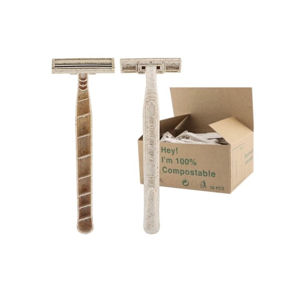 Eco-Friendly Razor | Disposable | Recycled Material | Men & Women Shaving Razor | Twin Blade | Biodegradable Wheat Straw, 50 Count (Pack of 1)
