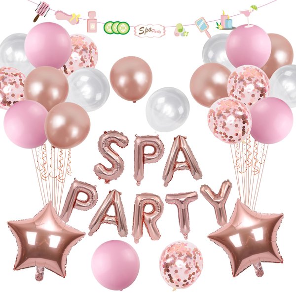 Spa Birthday Party Supplies Girls - Rose Gold Spa Party Balloon Banner Garland, Star Foil Balloons Confetti Balloons, Girls Night Sleepover Party Pajamas Birthday Party Decorations