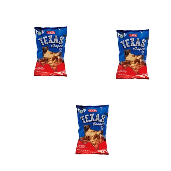 HEB Texas Shaped White Corn Torilla Chips 14oz Bag (Pack of 3)