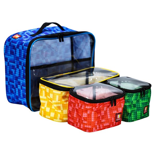 Remobia Hicol 4-piece Kids Toy Storage Organizer Set Bag for Lego Building Bricks with See Through Clear TPU Top, Small Toy Packing Cube Bags, Clean Up Container case (grid pattern)