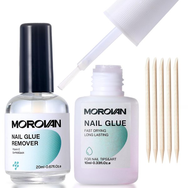 Morovan Nail Glue with Glue Remover Kit: 10ML Super Strong Nail Glue for Press Ons Fake Nails 20ML Quickly Nail Glue Remover for Press On Nails Acrylic Nails Tips