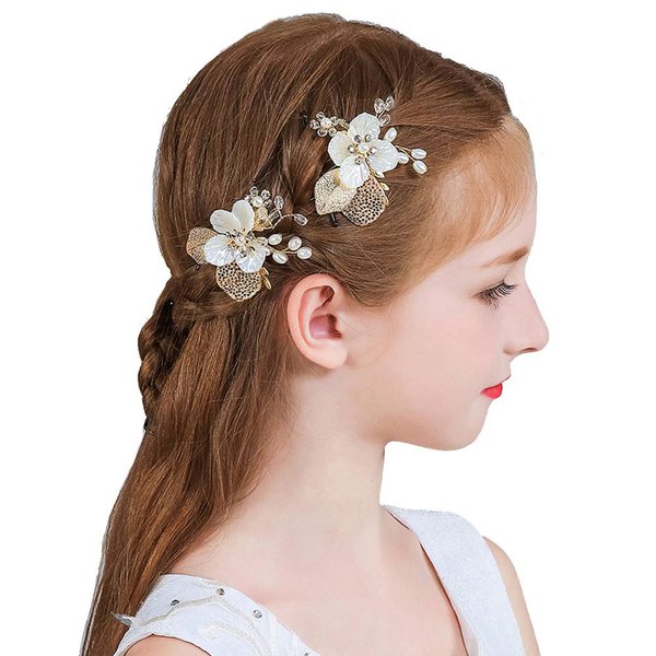 PRDGIRL Wedding Flower Girl Hair Pins Bride Pearl Hair Piece Crystals Hair Clips Bridal Hair Accessories for Women and Girls Pack of 2 (Gold)